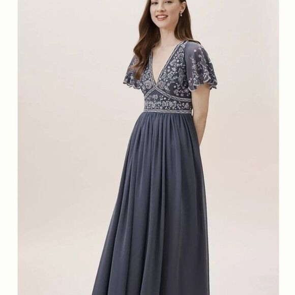 NWOT Anthropologie BHLDN Gray Fresna Short Sleeve V-Neck Beaded Maxi‎ Dress 8